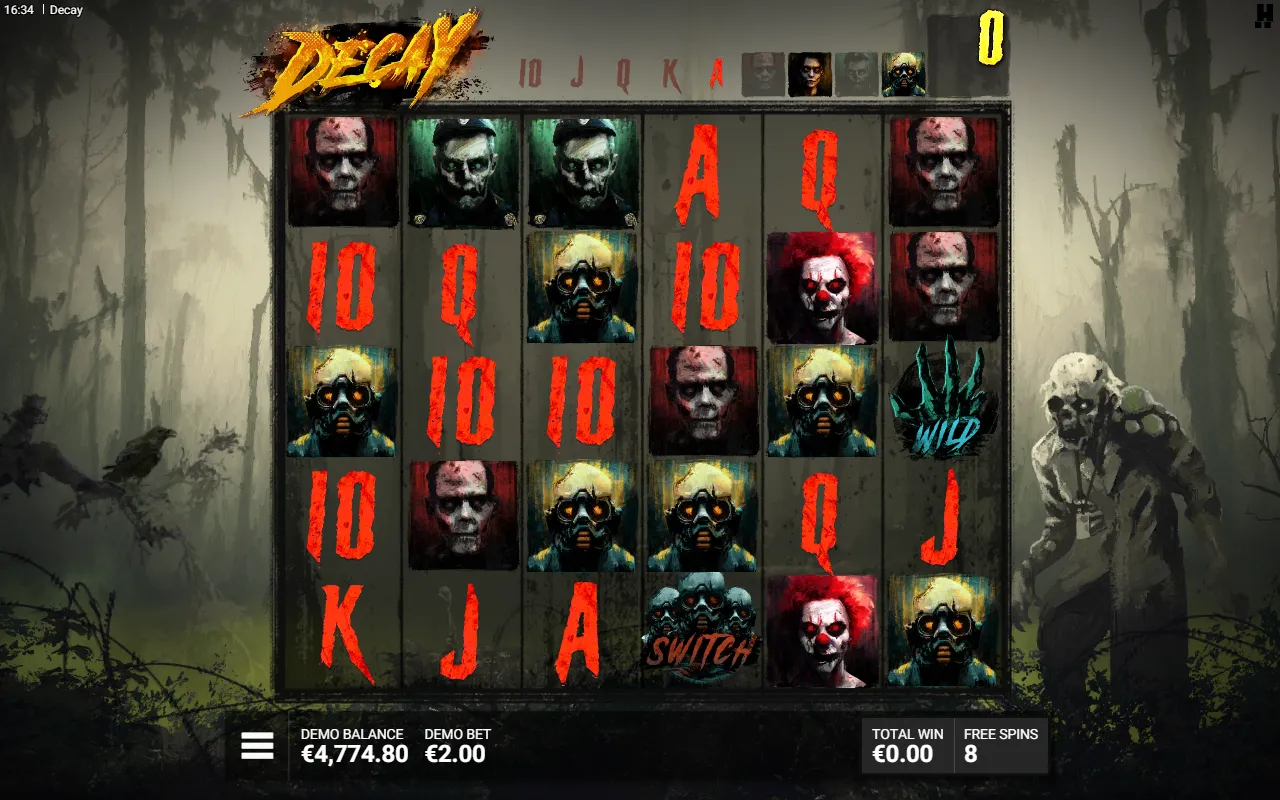 Switch scatter symbol landing during Decay free spins on the 6x5 grid with a wild in view
