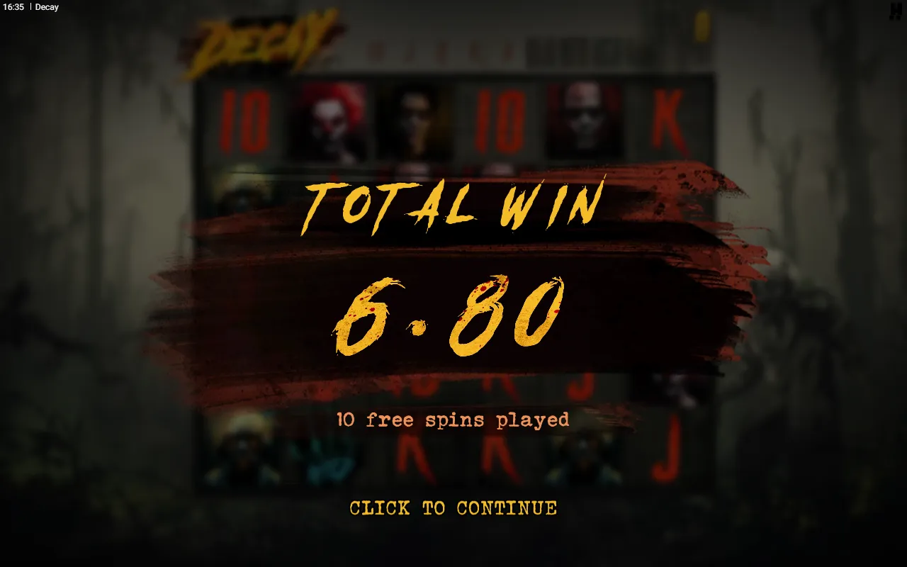 Decay Mad Scientist bonus total win card after ten free spins