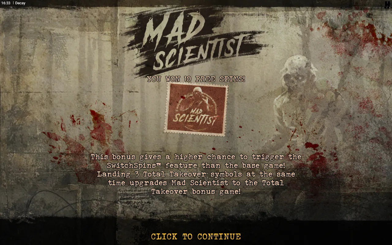 Decay Mad Scientist bonus trigger card awarding 10 free spins
