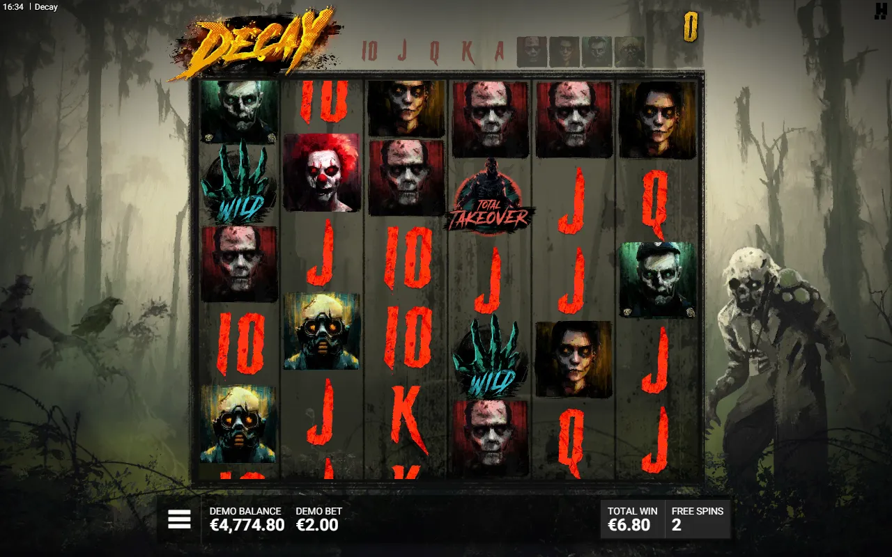 Decay free spins board with two wild symbols and no winning line near the end of the bonus