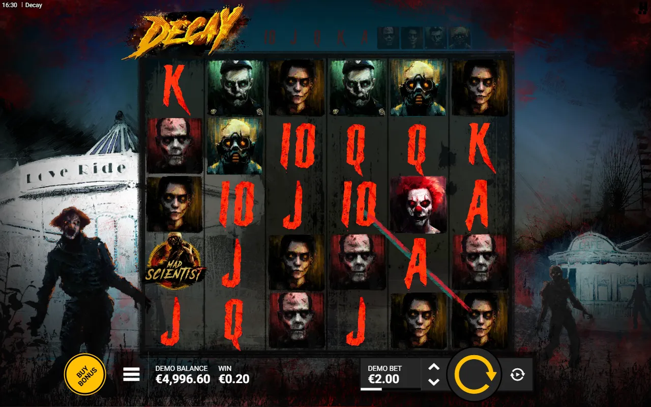Decay base game payline win drawn across the 6x5 grid with a Mad Scientist scatter on the first reel