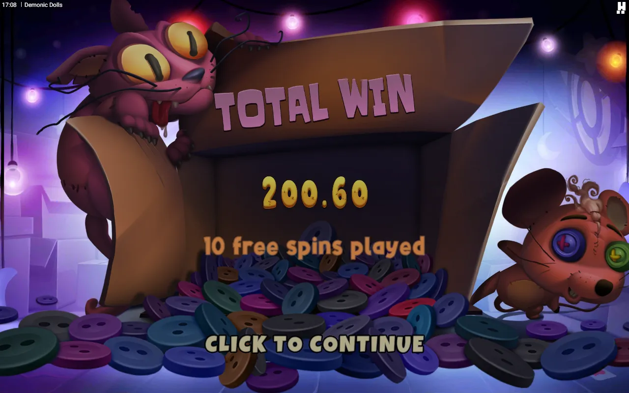 Demonic Dolls total win card after ten Bad Omens free spins