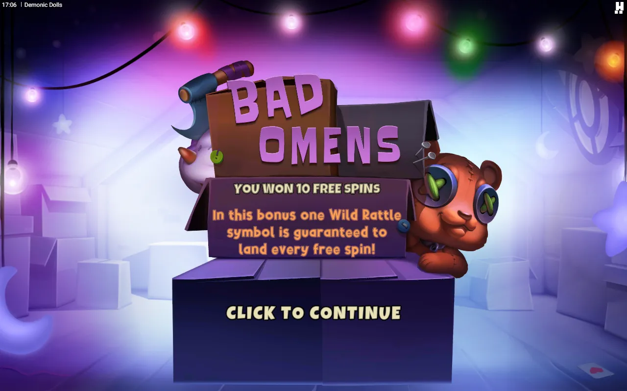 Bad Omens bonus trigger card awarding ten free spins in Demonic Dolls