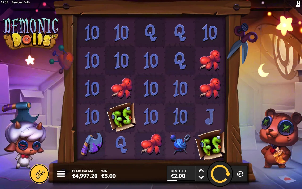 Demonic Dolls cluster win with two FS scatter symbols on the 5x5 grid