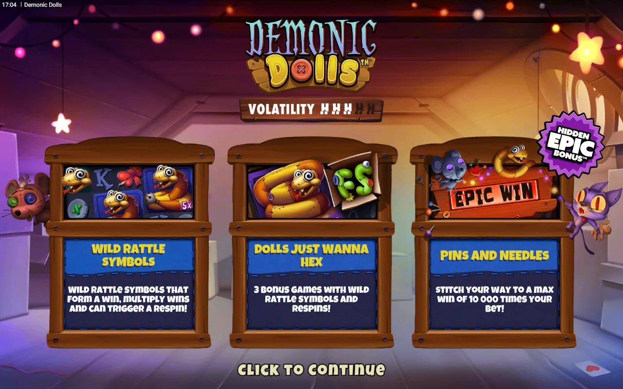 Demonic Dolls splash screen with a three-of-five volatility meter, feature panels and a hidden epic bonus badge