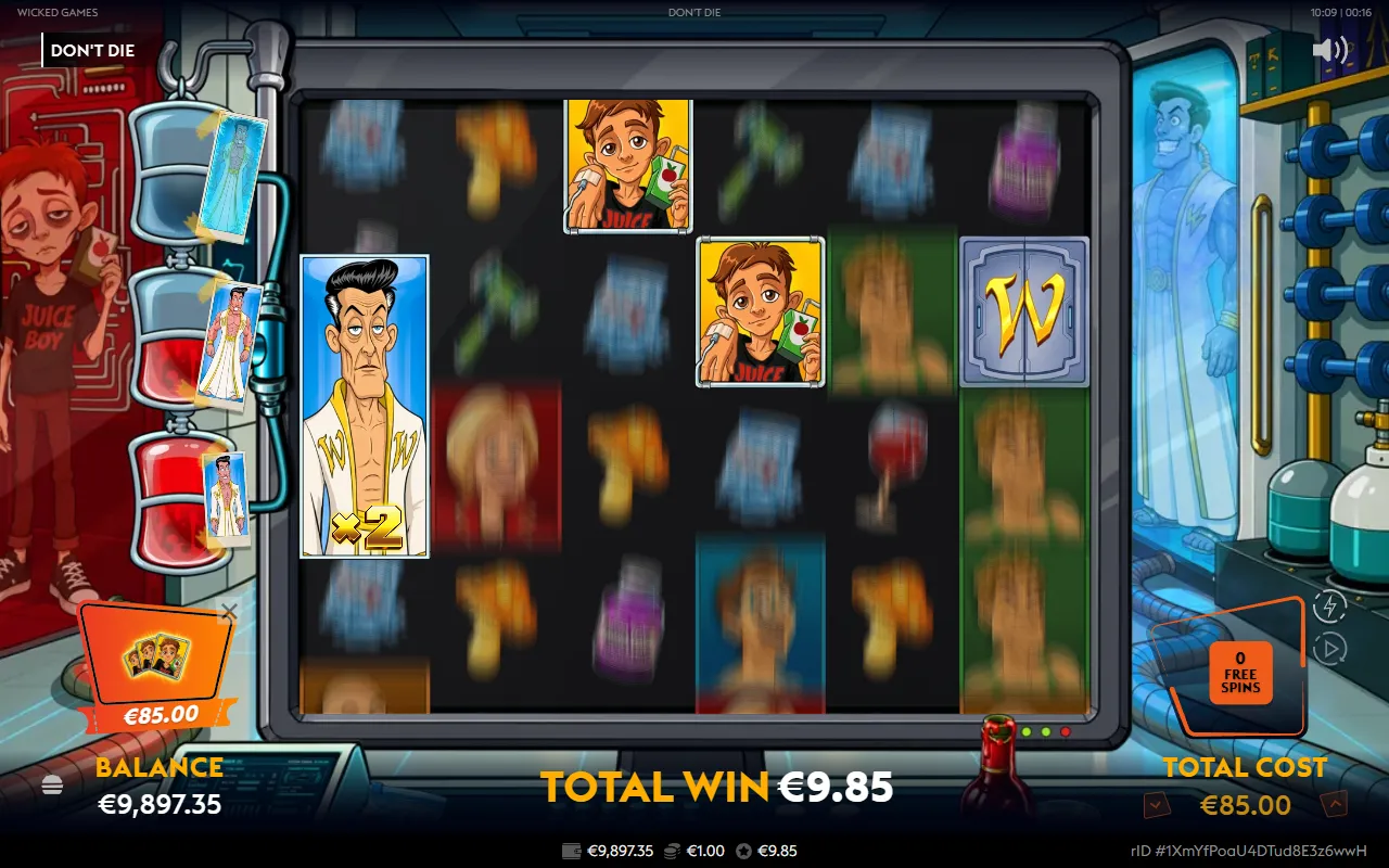 Don't Die mid-respin with the free spin counter reading zero, the reels still turning, and a two-cell wild carrying a x2 standing on the first reel