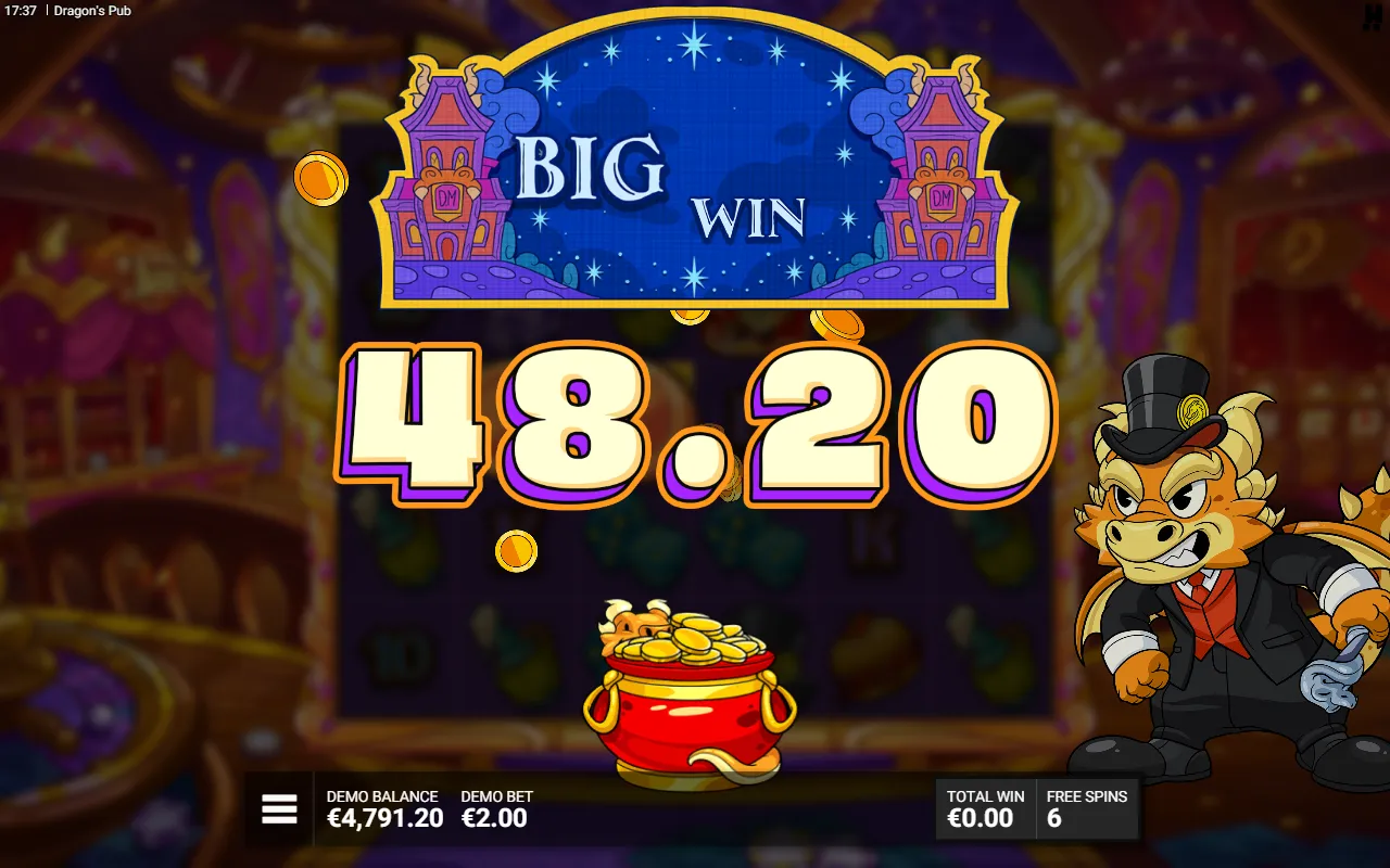 Dragon's Pub big win banner counting up to 48.20 over the free spins grid with six spins remaining