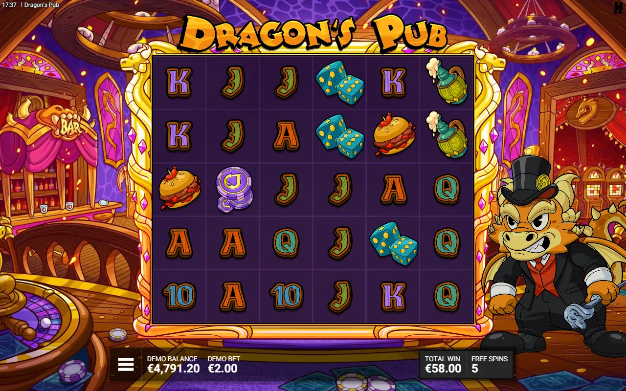 Dragon's Pub free spins board inside the pub interior with five spins remaining and a total win of 58.00