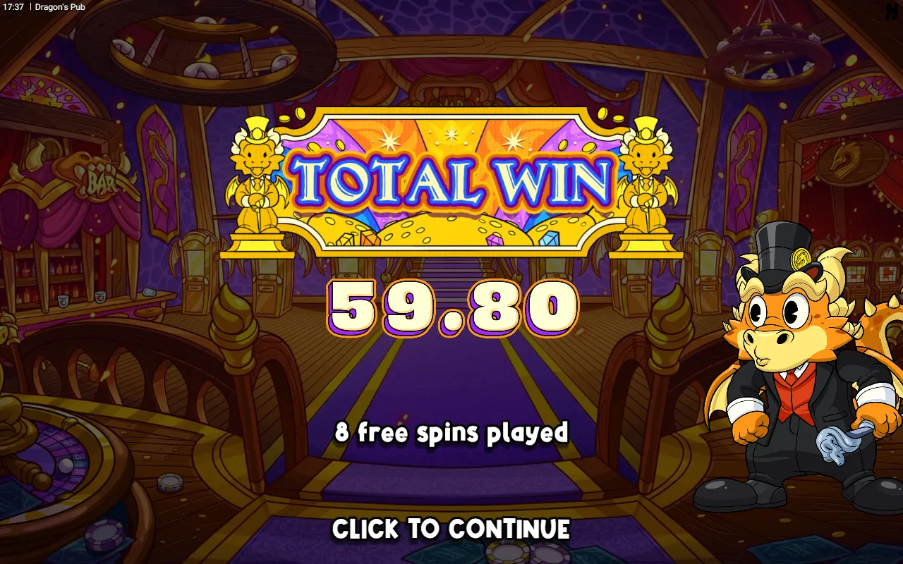 Dragon's Pub closing card reading total win 59.80 after eight free spins played