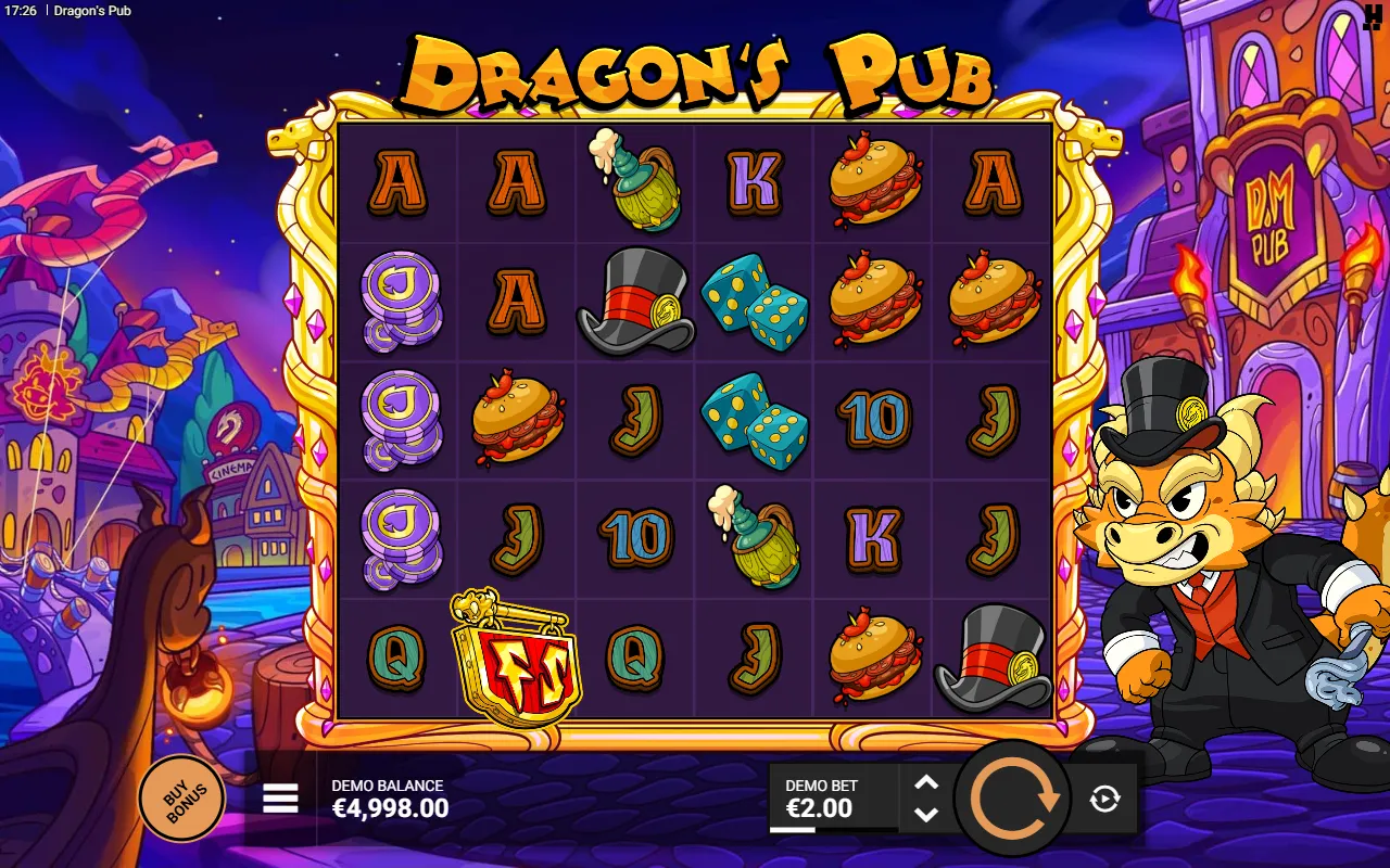 Dragon's Pub 6x5 grid in a gold frame against a cartoon night street, with the pub building and the dragon landlord to the right