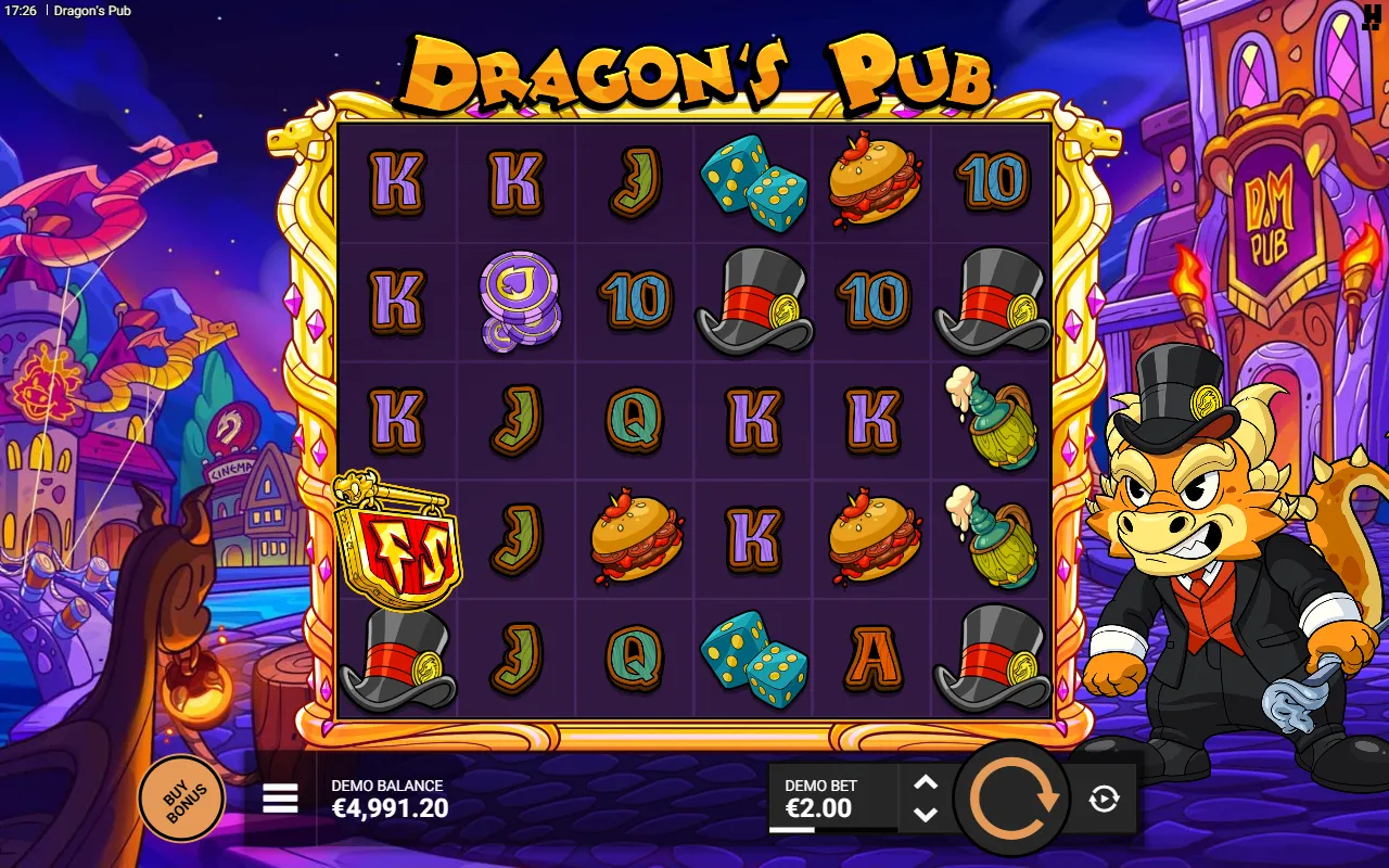 Dragon's Pub 6x5 grid with four top hat symbols scattered apart and a lone FS scatter shield on reel one