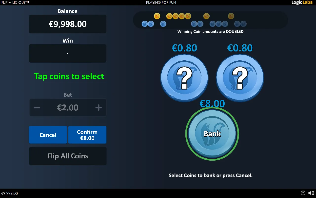 Bank It mode in Flip-a-Licious with one survivor ringed for banking and two smaller coins left on the board