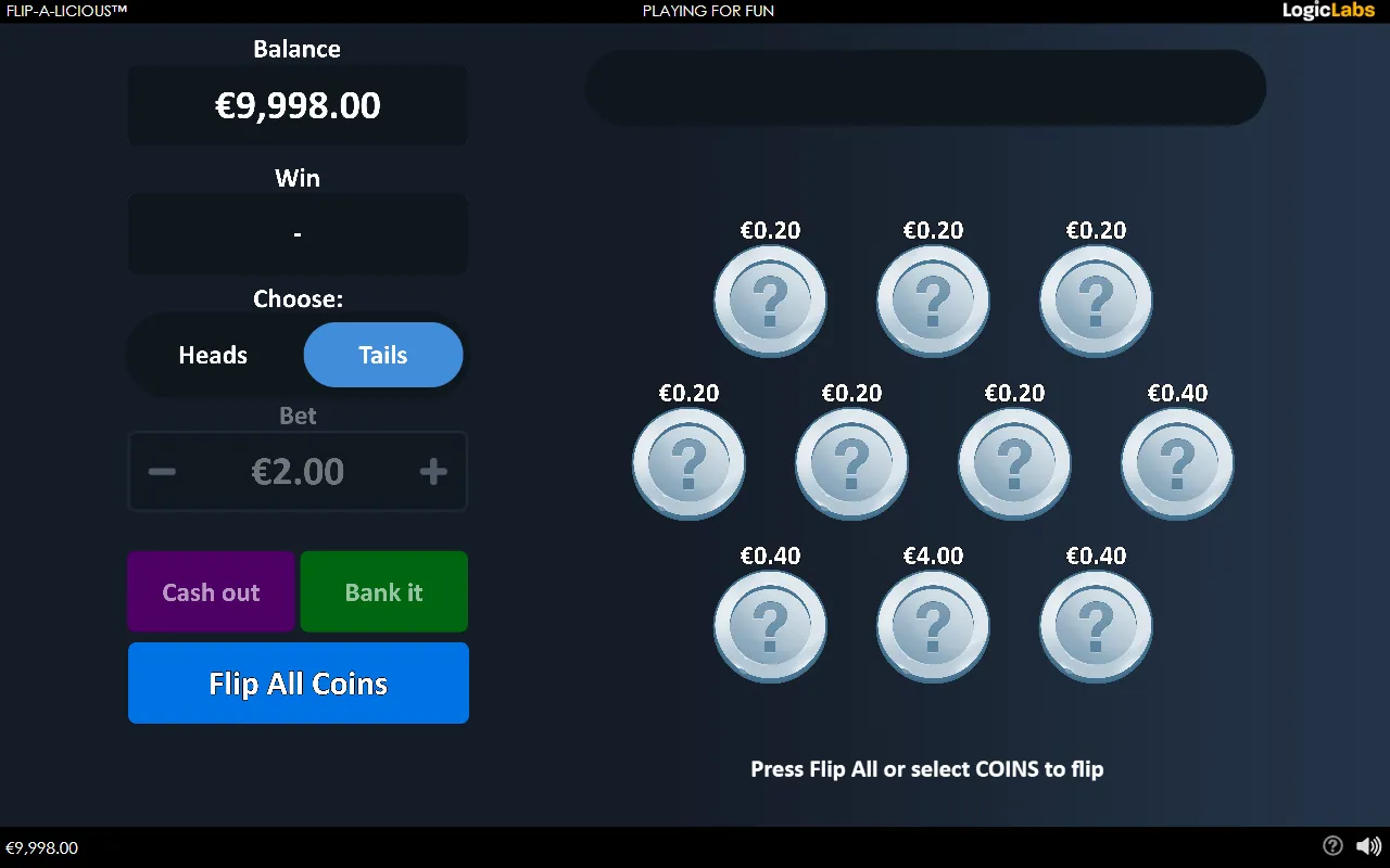 A ten-coin Flip-a-Licious board before the first flip, most coins showing the smallest value on the list and one showing twice the stake