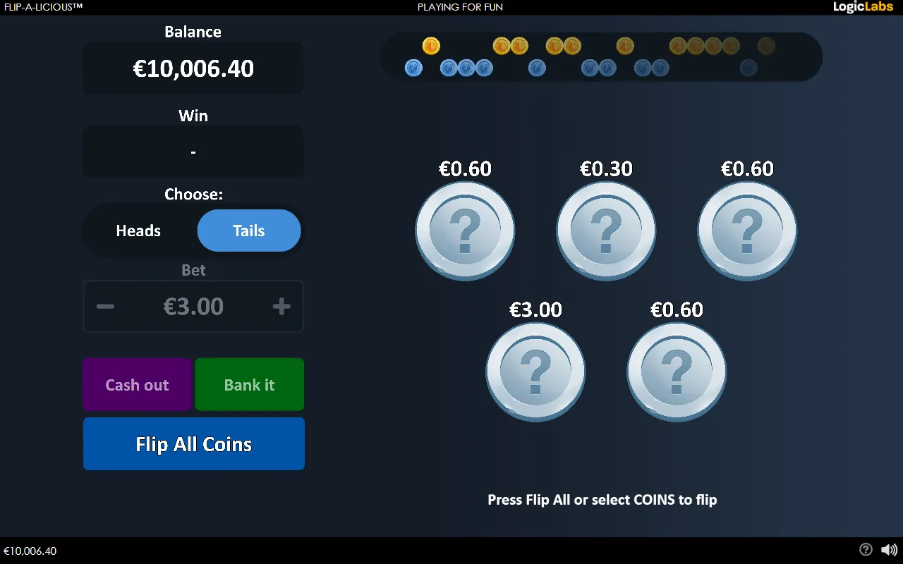A five-coin Flip-a-Licious board with the dealt cash values shown above each coin, one of them equal to the full stake