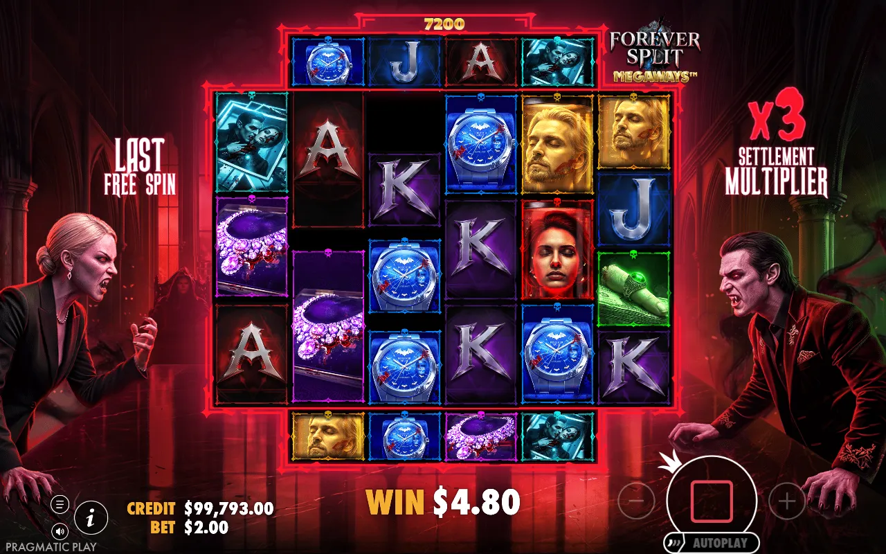 Last free spin of the Forever Split Megaways bonus round with a $4.80 total and the x3 Settlement Multiplier still showing