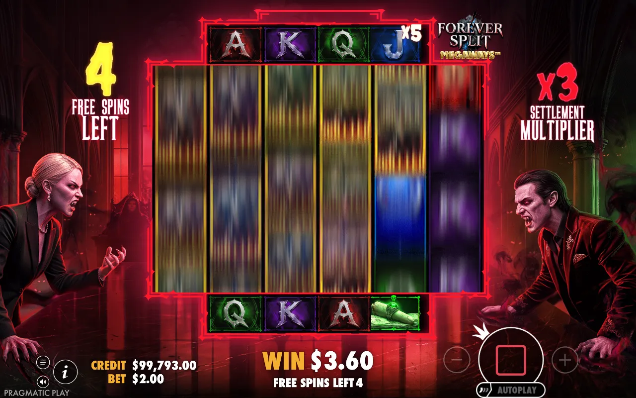 x5 multiplier symbol on the top horizontal strip during Forever Split Megaways free spins, with the Settlement Multiplier showing x3