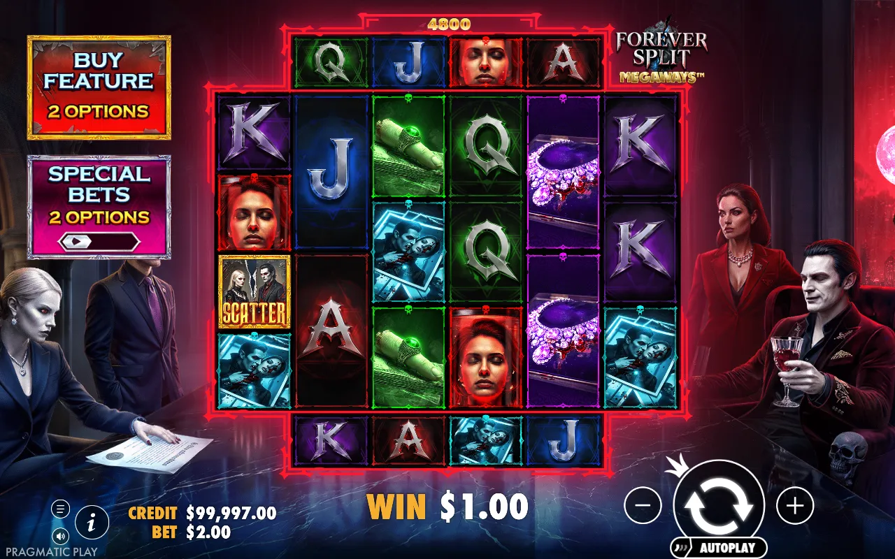Forever Split Megaways base game board with a single scatter symbol on the leftmost reel and a $1.00 win