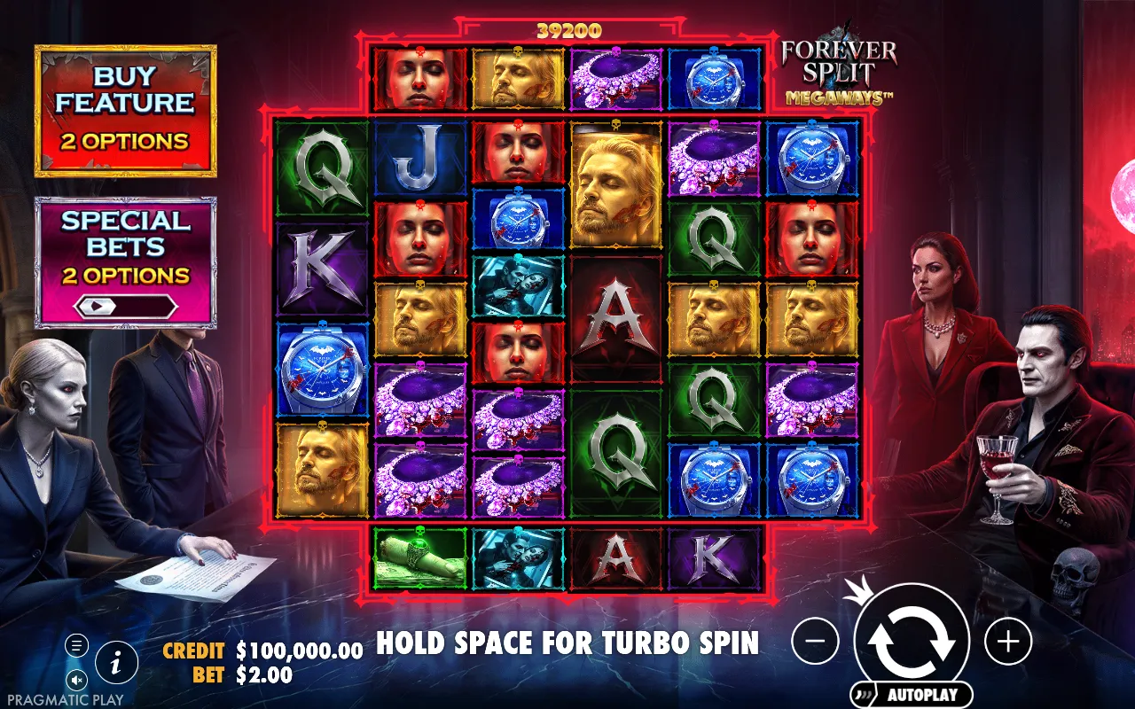 Forever Split Megaways base game grid between two vampire divorcees at a settlement table, ways counter reading 39,200