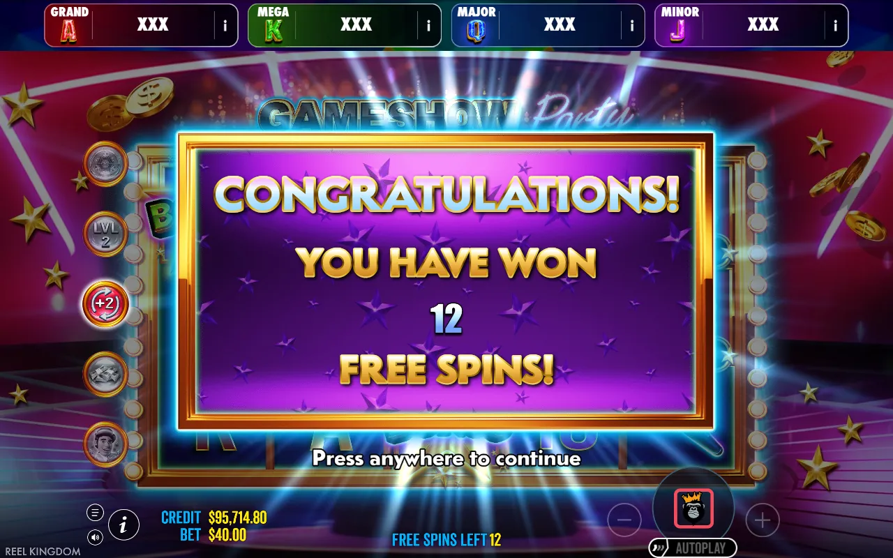 Gameshow Party Jackpot Play award card showing twelve free spins with a single lit modifier badge