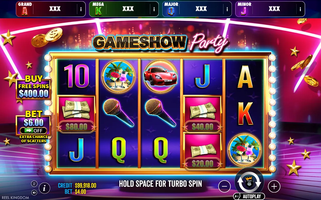 Gameshow Party Jackpot Play base board covered in money symbols with no winning line