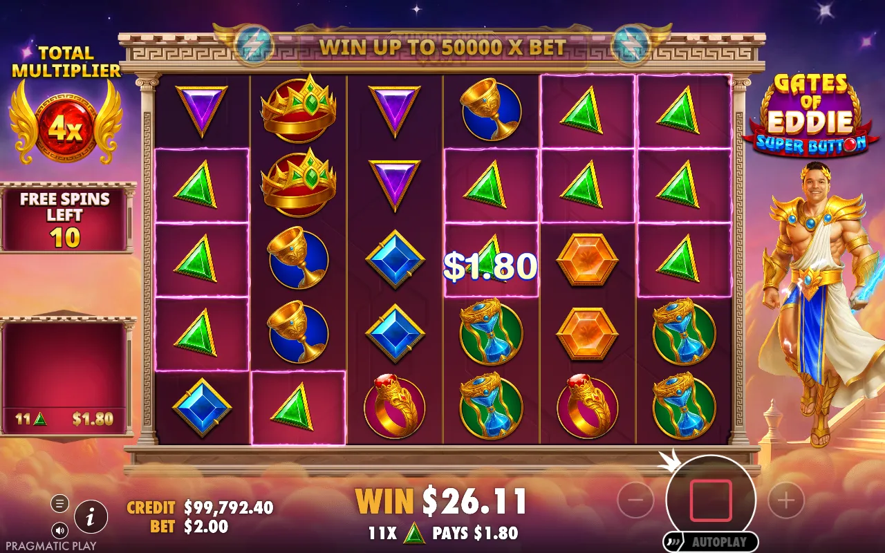 Free spins 6x5 grid with eleven green triangles outlined as a win and a Total Multiplier orb reading 4x