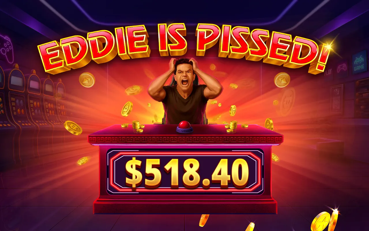 Big win celebration card titled Eddie Is Pissed, showing Eddie at his desk holding his head as coins fall