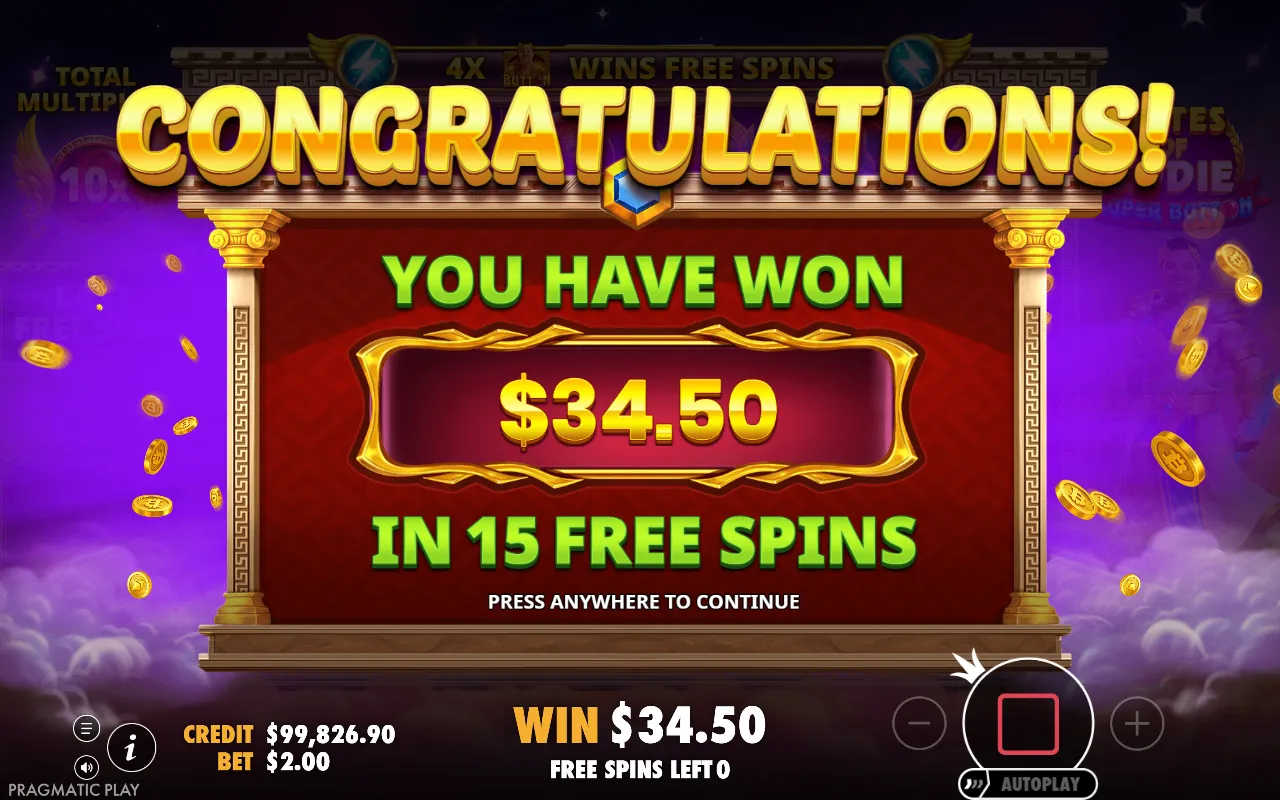 Closing card of the free spins round on the 6x5 slot showing the round total awarded over fifteen spins