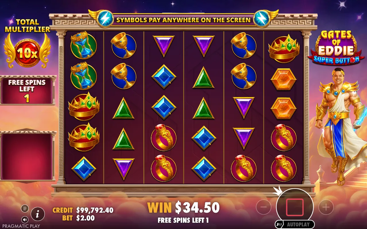 Free spins 6x5 grid holding seven ring symbols, one short of the eight needed to pay, under a 10x Total Multiplier