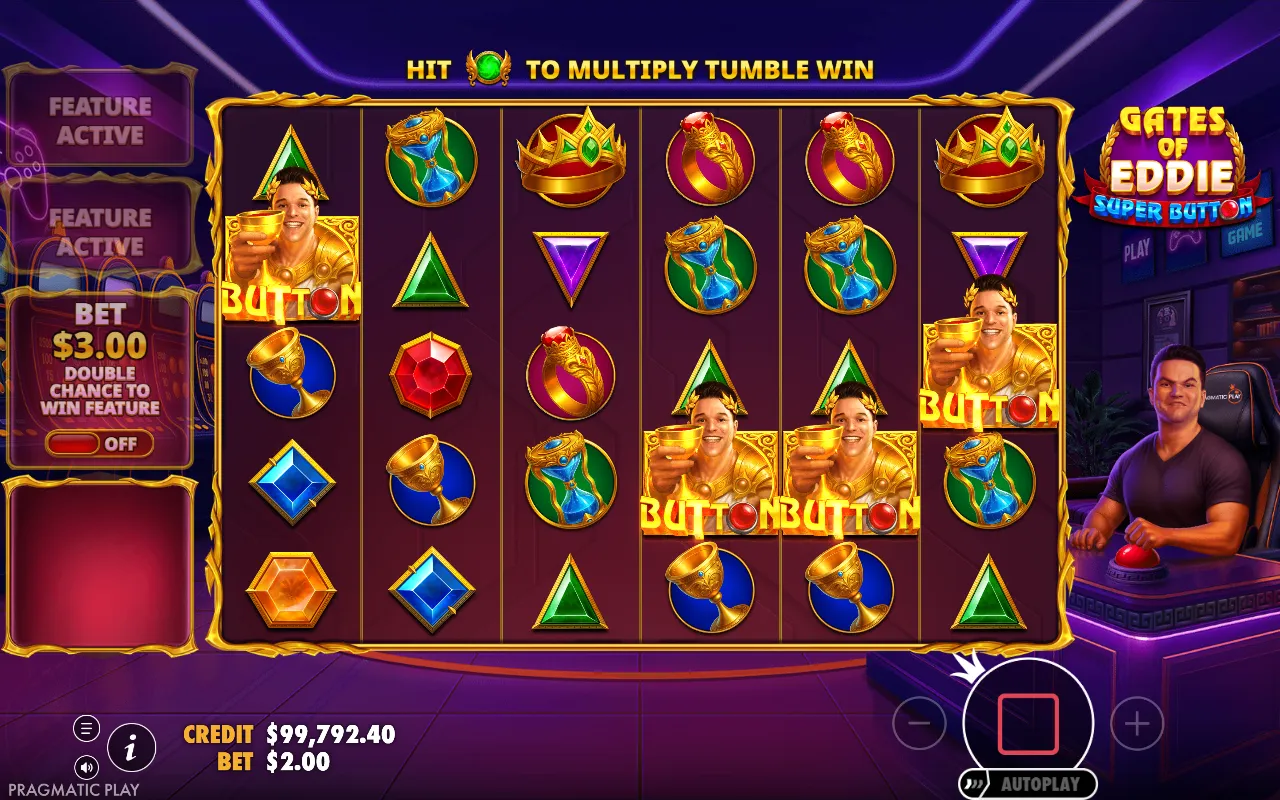 6x5 board with four Button scatter symbols showing Eddie's face, the combination that triggers free spins