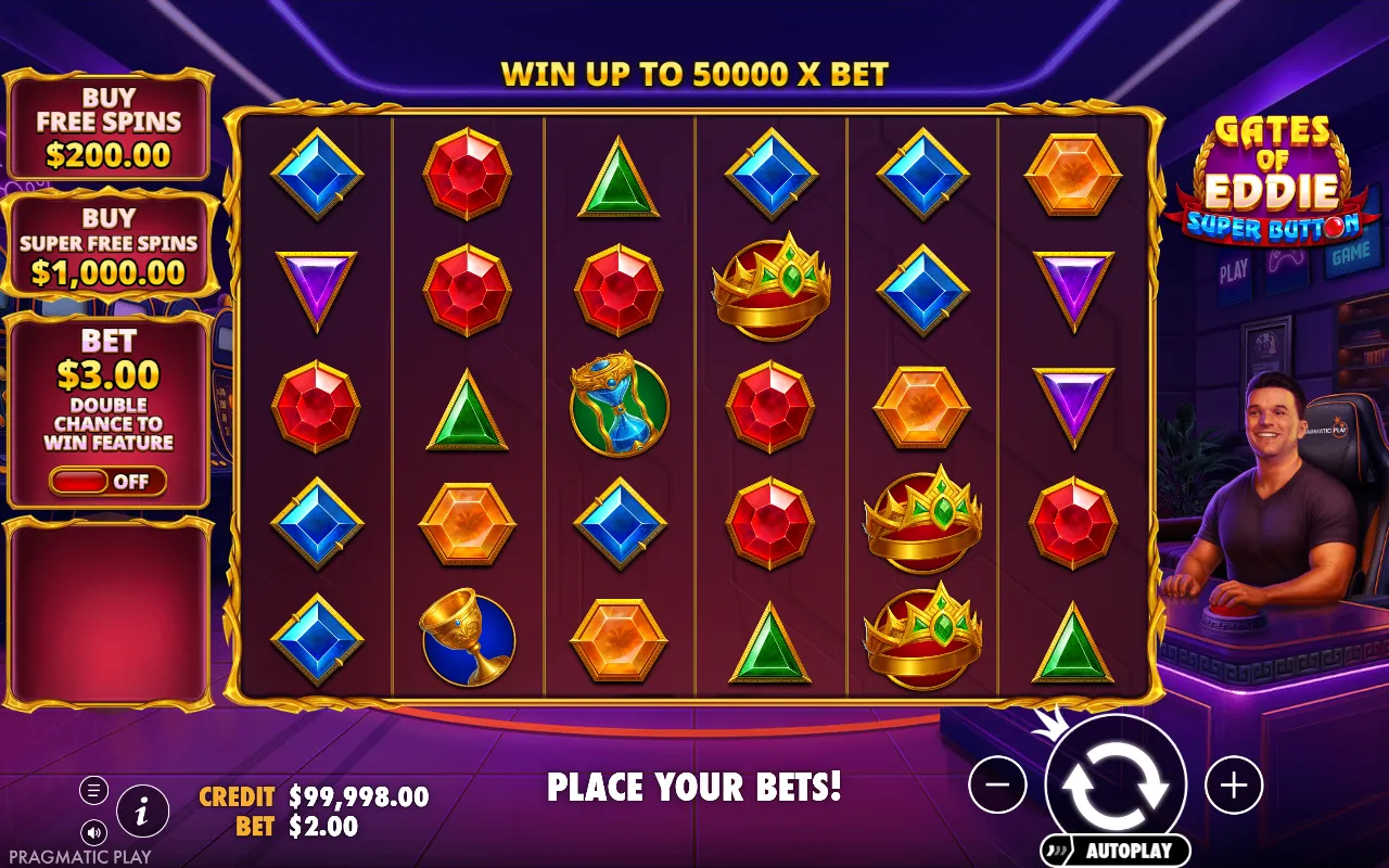 Base game 6x5 grid in a gold frame with buy free spins and ante bet plaques on the left, set in a neon gaming room with Eddie at a desk