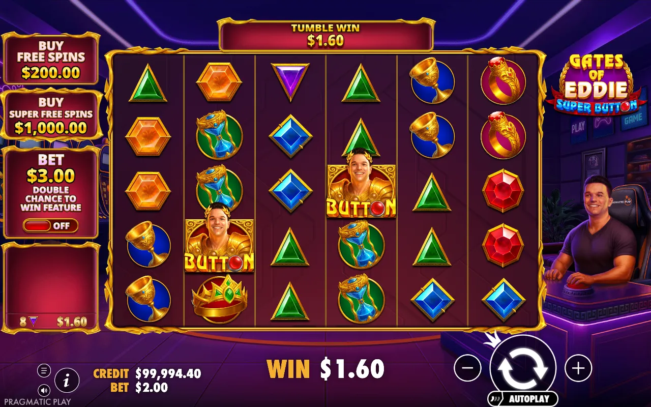 6x5 grid with a tumble win of $1.60 from eight purple triangles and two Button scatters that did not trigger