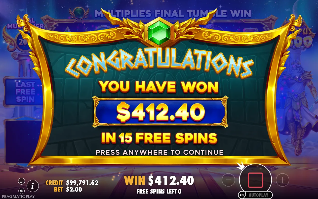 Gates of Olympus 2500 closing card totalling the fifteen free spins of the bought round