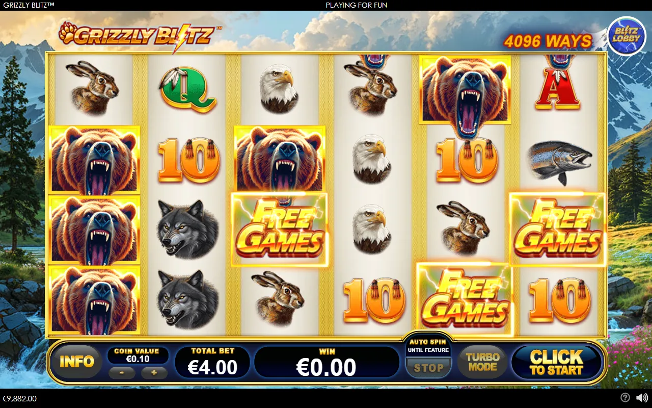 Three Free Games scatters triggering the Grizzly Blitz bonus