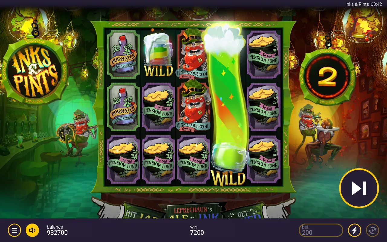 Free spins in Inks and Pints with a single locked wild cell on one reel and a full locked wild column on another, the rest of the board showing premium symbols