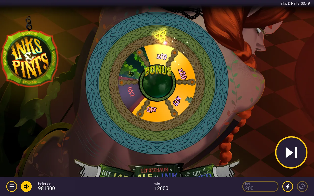 The third ring of the Inks and Pints bonus wheel, showing cash multiplier segments alongside an END segment and the bonus hub at the centre