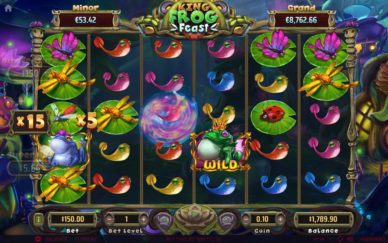 King Frog Feast free spin where the wild eats a x5 ladybird and the meter shows x15