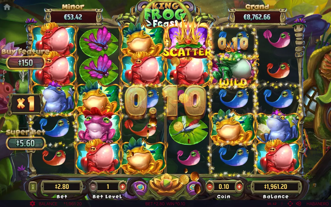 Base spin in King Frog Feast paying a fraction of the stake with the wild frog on the reels