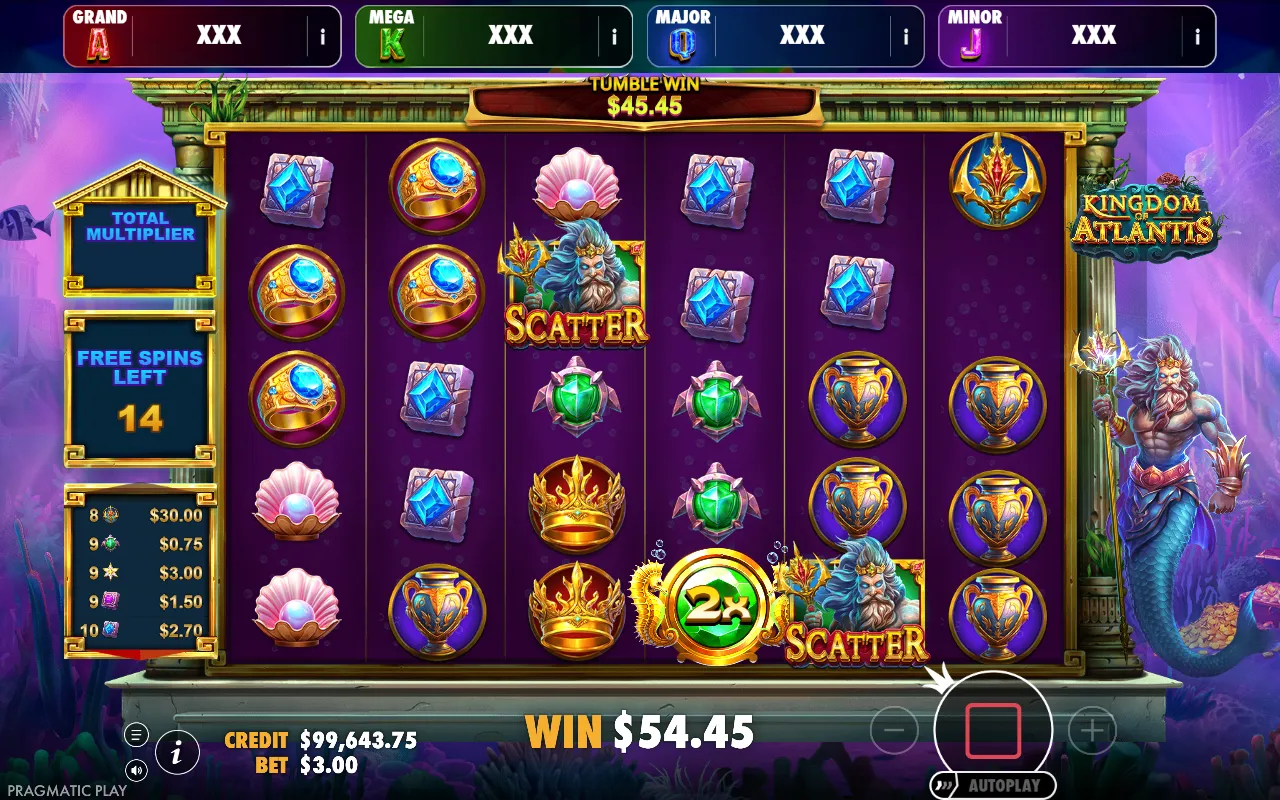 Kingdom of Atlantis free spins cascade paying out with the persistent total multiplier shown above the grid
