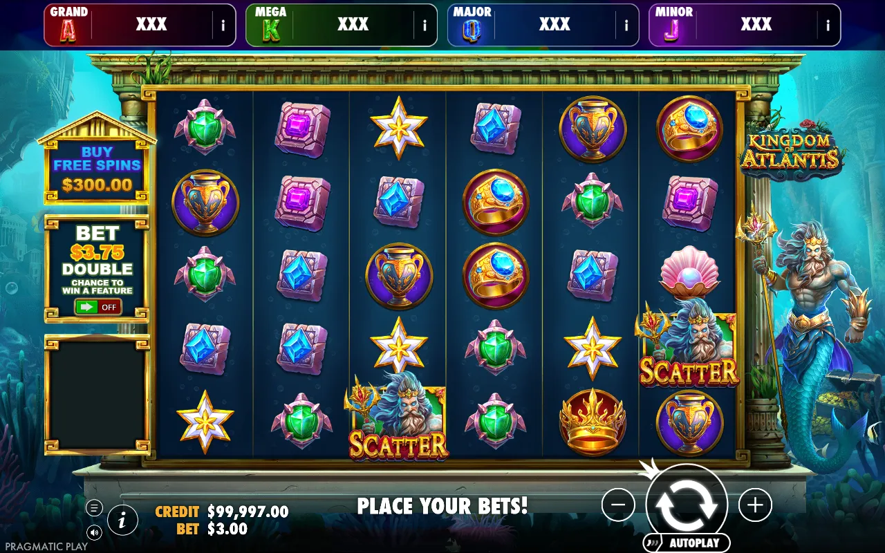 Kingdom of Atlantis base board showing two Poseidon scatter symbols and no trigger