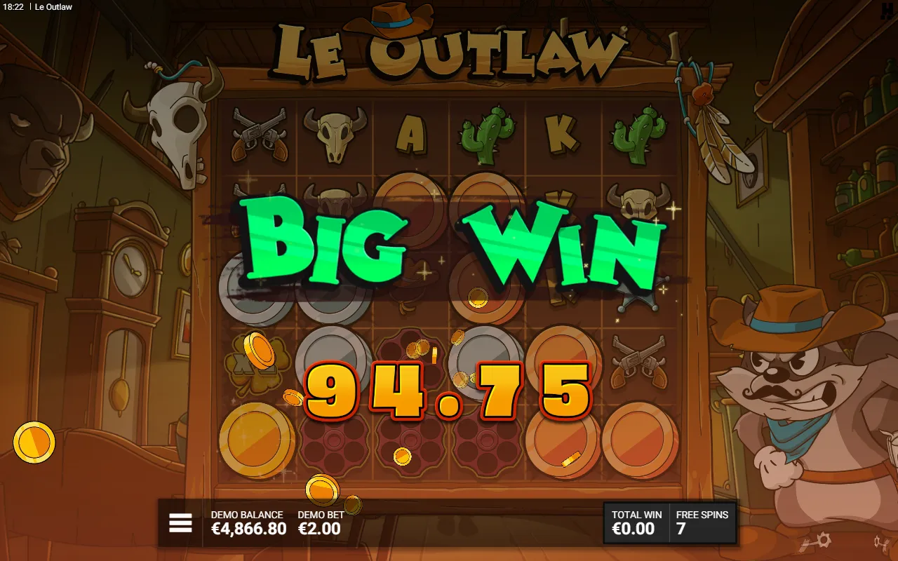 Le Outlaw bonus grid covered in revealed bronze, silver and gold coins with a green clover at the lower left, a big win counter reading 94.75