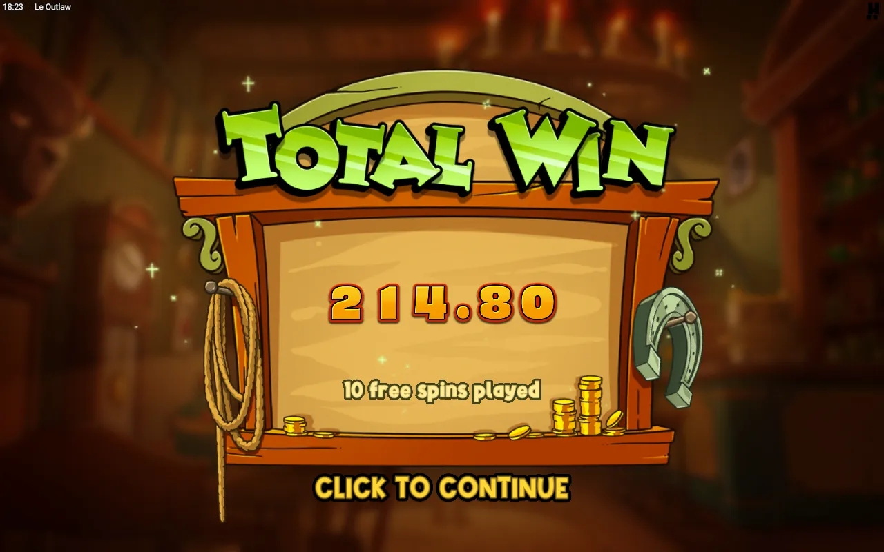 Le Outlaw closing card reading total win 214.80 over ten free spins played