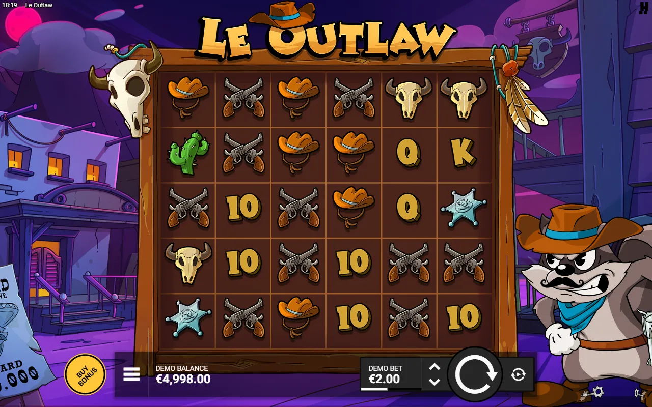Le Outlaw 6x5 cartoon grid of pistols, cow skulls, sheriff stars and card royals with Smokey the raccoon standing beside the reels