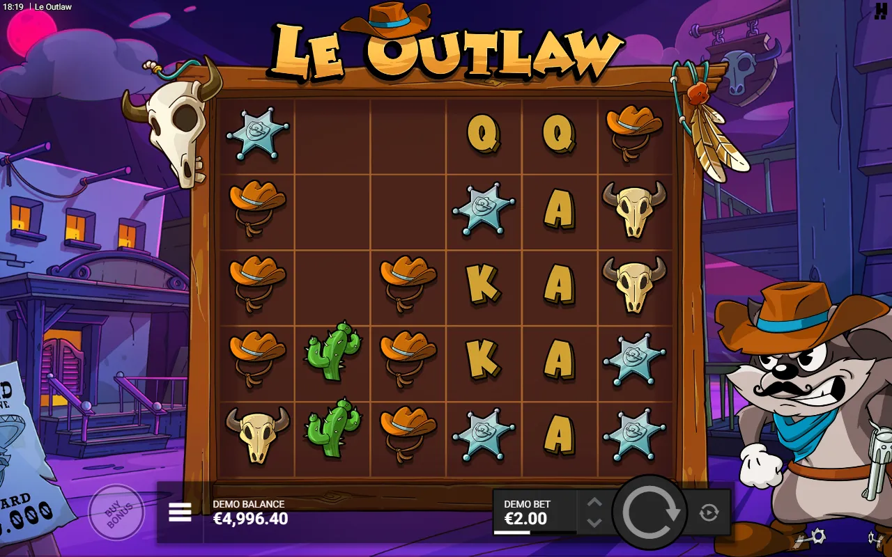 Le Outlaw 6x5 grid caught mid-cascade with two reels part-empty and new symbols dropping in