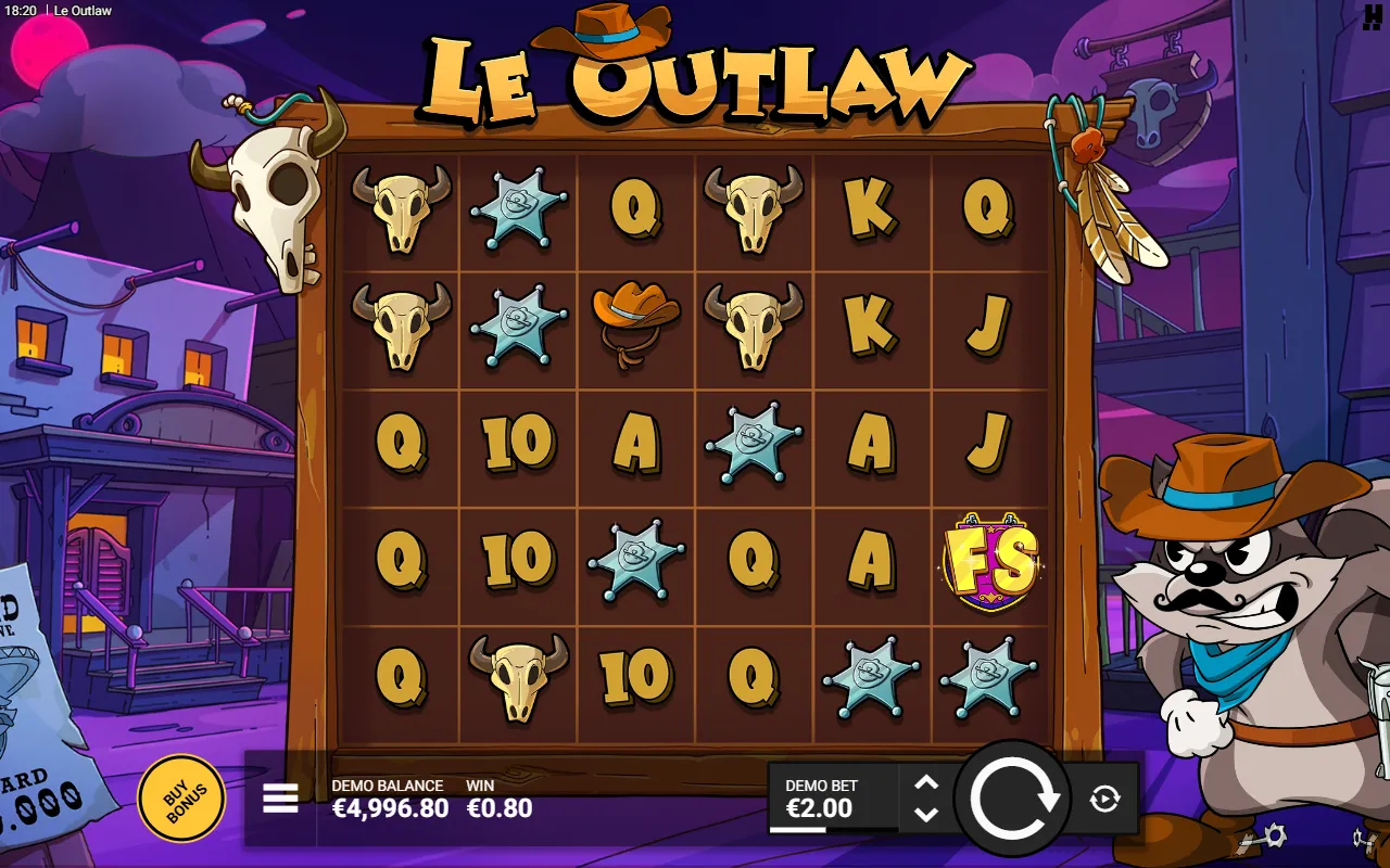 Le Outlaw 6x5 grid paying a small cluster win of 0.80 euro on a 2.00 euro bet with a single FS badge on the fifth row