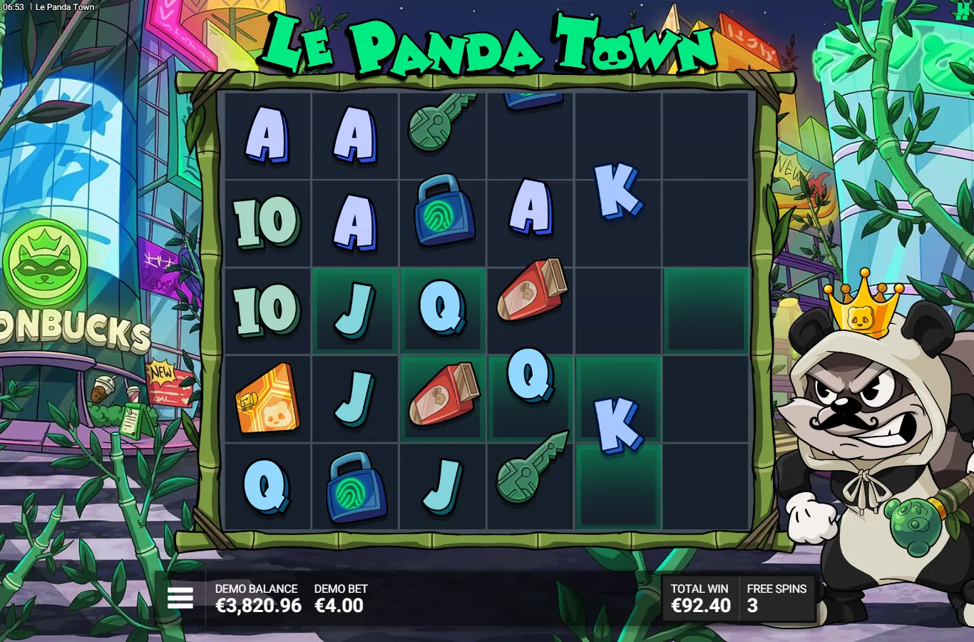 Le Panda Town free spin with marked squares held across the board and no Rainbow in sight