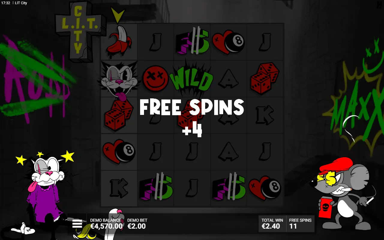 Free spins retrigger card awarding four extra spins in the LIT City Maxx Bonus