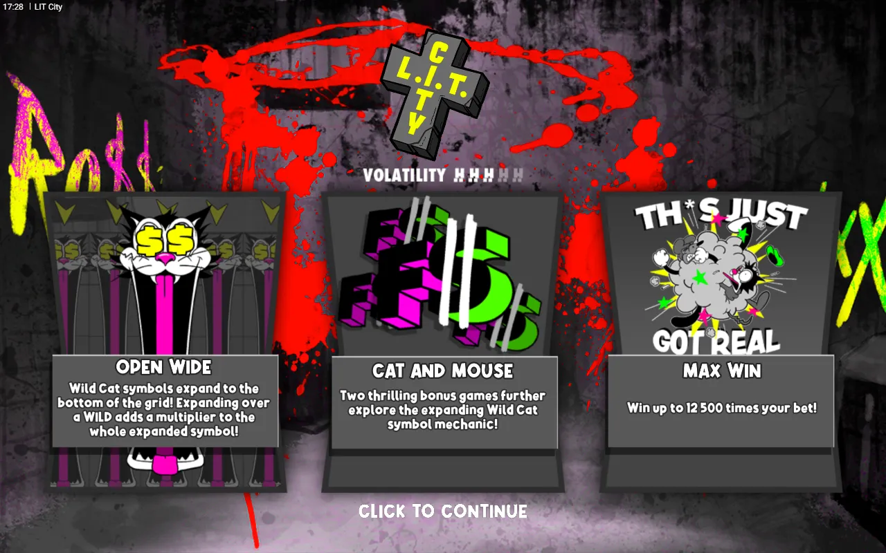 LIT City splash screen with a four-of-five volatility meter and panels for the expanding Wild Cat and two bonus games