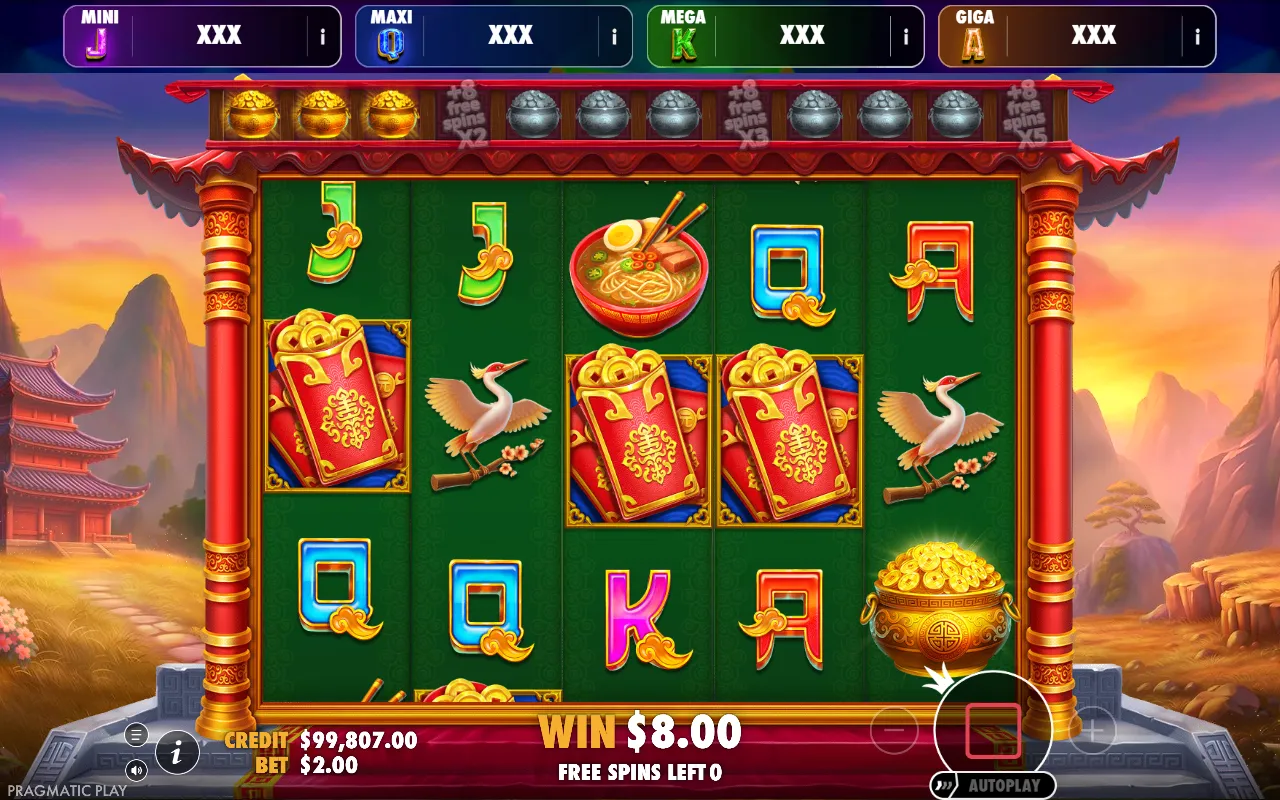 Lotus Treasure Oranje Jackpot free spins 5x3 board with a collect pot on reel 5 and no money symbols to collect