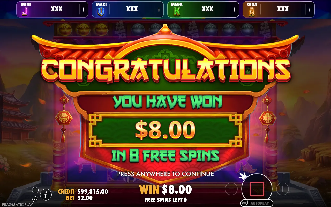 Lotus Treasure Oranje Jackpot free spins result card showing $8.00 won across eight free spins