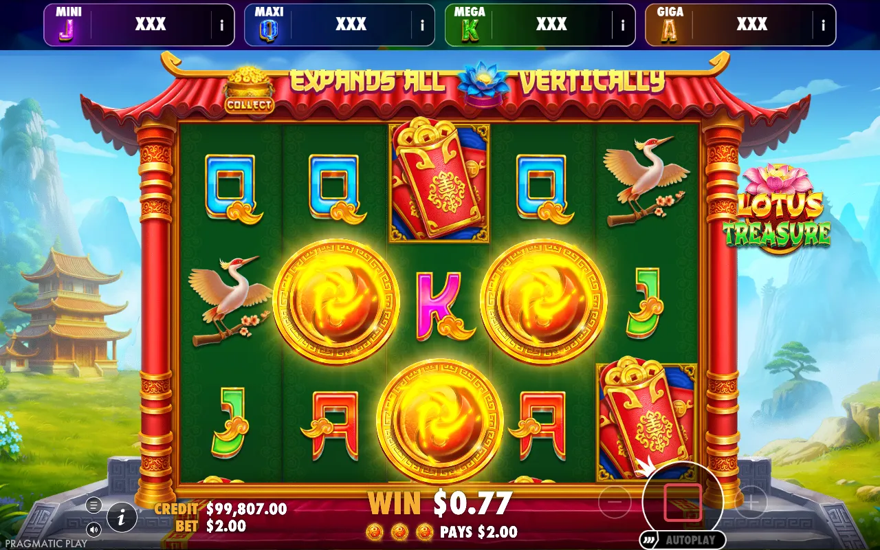 Lotus Treasure Oranje Jackpot 5x3 board with three yin-yang bonus symbols on reels 2, 3 and 4 triggering eight free spins